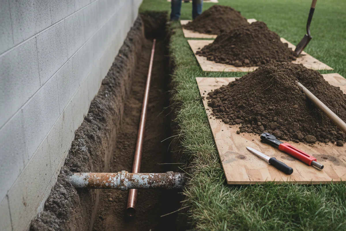 Excavated water line trench during Water Softener Installation in Cantil